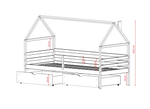 Detaljeret diagram over børneseng med praktisk opbevaringsplads.