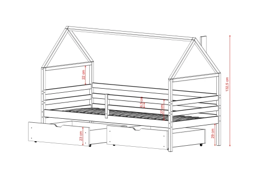 Detaljeret diagram over børneseng med praktisk opbevaringsplads.