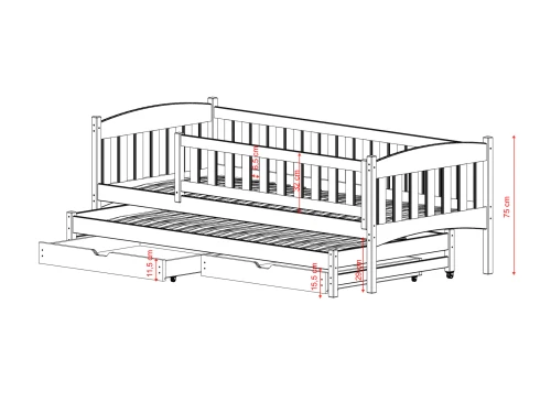 Lineær tegning af en funktionel gæsteseng med indbyggede skuffer og mål.