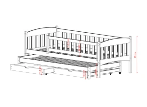 Illustration af sengemål for hvid børneseng med udtræksskuffe og opbevaring.
