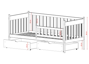 Skitse af seng med skuffer og centreret lille sengehest inklusive mål.