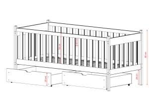 Illustration af børneseng med fuld sengehest foran og skuffer