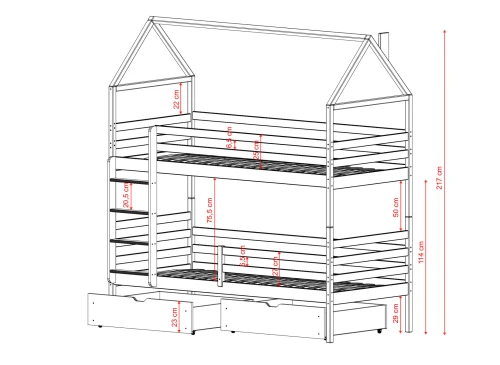 Dimensioner og mål for børne-etageseng formet som et hus.