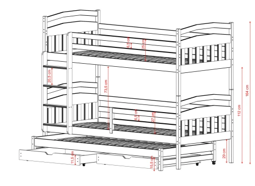 Målskitse af en køjeseng til 3 personer med opbevaringsskuffer.