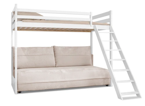 Hvid køjeseng i træ med beige sovesofa og stige.