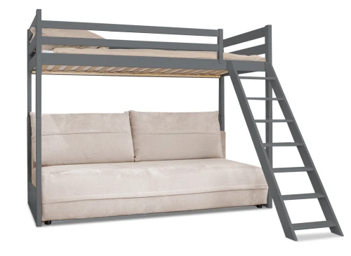 Mørkegrå køjeseng i træ med beige sovesofa og stige.