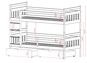 Diagram over køjeseng med højde- og breddemål angivet.