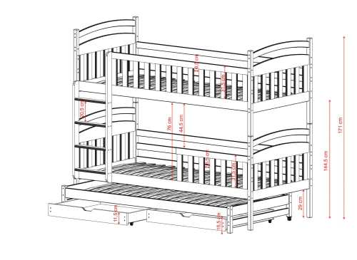 Målskitse af en tredobbelt køjeseng med en totalhøjde på 171 cm.
