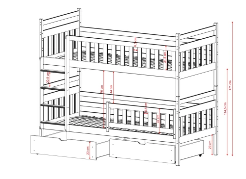 Illustration af en 3-etagers seng med stige og praktiske skuffer.