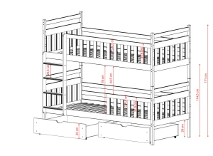 Specifikationer og dimensioner for en hvid etageseng med skuffer.