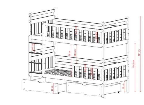 Måltegning af køjeseng med 76 cm mellemrum og praktiske skuffer.