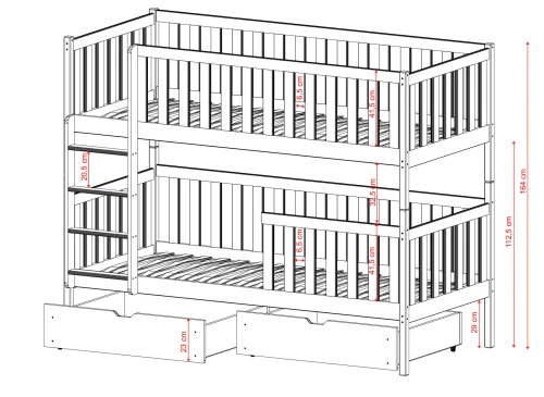 Detaljeret illustration af køjesengens dimensioner og stigeafstand.