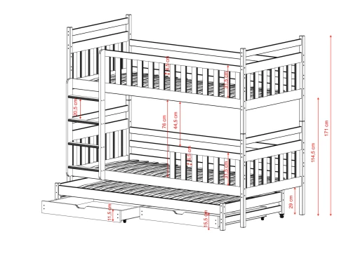 Teknisk tegning med detaljerede mål for en 3-etagers køjeseng.