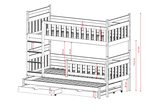 Detaljeret skematisk tegning af køjeseng til tre personer med mål.