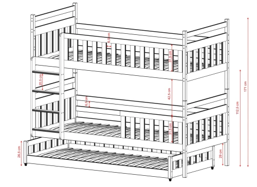 Diagram over højder og afstande for en 3-etagers køjeseng i centimeter.