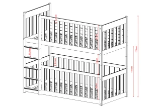Oversigt over dimensioner på en solid køjeseng til børn i hvidt træ.