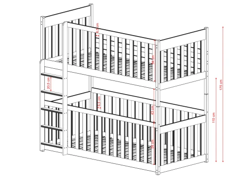 Hvid køjeseng med måltegning og fuld sengehest på den nederste soveplads.