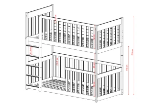 Teknisk illustration af køjeseng med angivelse af mål på rækværk og åbning.