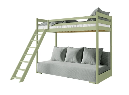 SOFINO 90x200/140x200 oliven højseng med sovesofa grå stof zoom 15 sage Lano Møbler