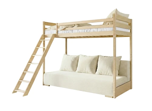 SOFINO 90x200/140x200 Fyrretræ seng på mezzaninen med en fold-ud sofa beige stof poso 38 Lano Meble