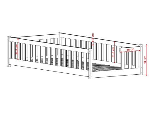 Oversigt over dimensioner på børneseng i træ.