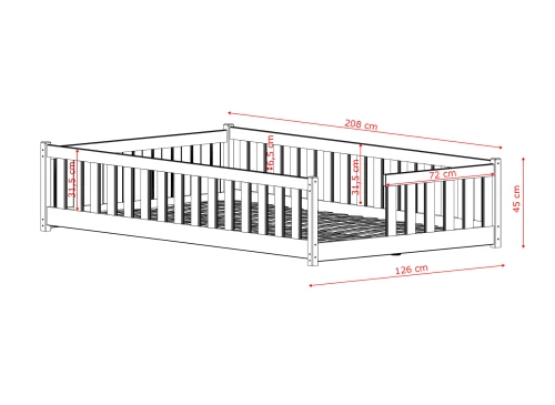 Teknisk tegning af børneseng med præcise mål i centimeter.