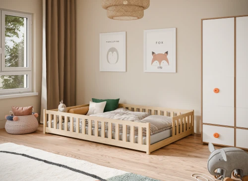 Lav Montessori-seng i lyst træ i et lyst børneværelse med søde plakater.