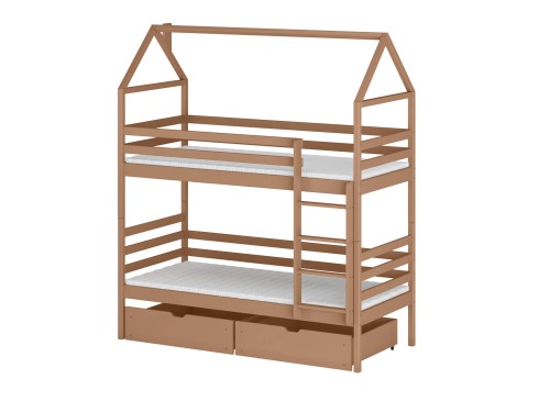 Teknisk tegning der viser alle mål på den husformede etageseng.