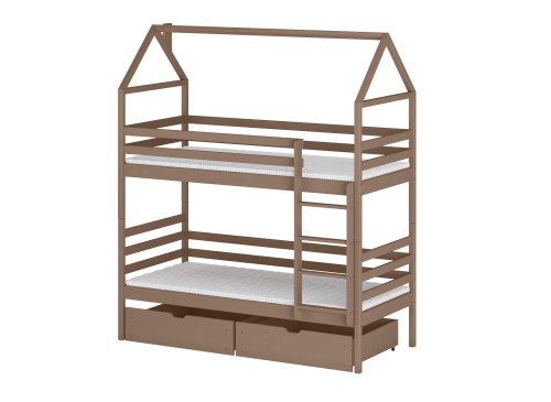 Moderne brun køjeseng med hus-design og praktisk opbevaring.