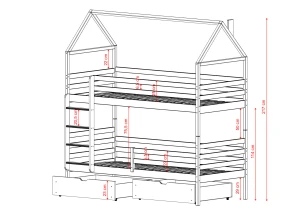Diagram over dimensioner for husseng køjeseng til børneværelset.
