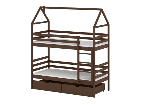 Flot brun køjeseng formet som et hus med stige og skuffer