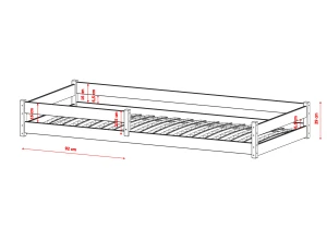 Illustration af sengestellets dimensioner og højde.