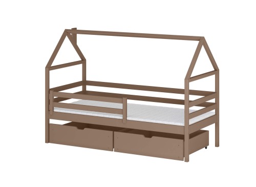 Brun husseng til børn med opbevaringsskuffer og madras.