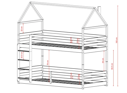Detaljeret målskitse af en køjeseng i husdesign med dimensioner.