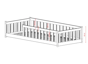 Diagram over børnesengens dimensioner inklusiv højden på sengehesten.