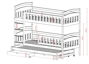 Oversigt over dimensioner for en robust etageseng til tre personer.