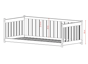 Tegning af børneseng med mål: Totalhøjde 68 cm og rækværk højde 54 cm.