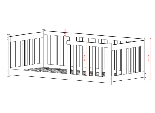 Målskitse af barneseng med 68 cm højde og 54 cm høj sengehest.