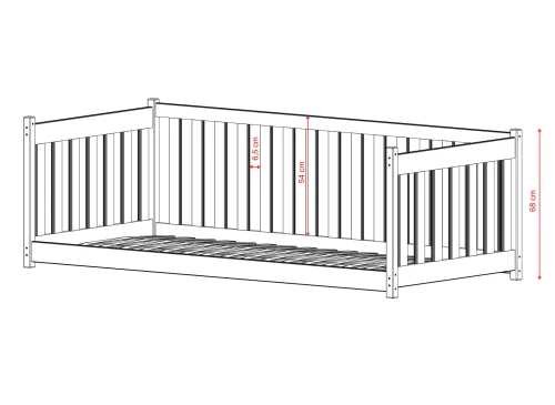 Tegning af en juniorseng i træ uden frontgitter med målangivelser.