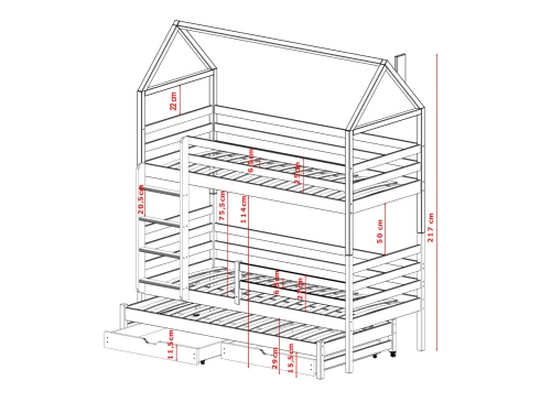 Detaljeret diagram over dimensionerne på en husseng køjeseng med udtræksskuffe.