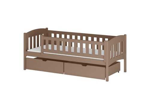 Detaljeret tegning af barneseng med specifikationer for ramme og skuffemål.