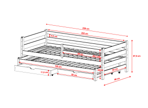 Diagram over sengeramme med mål for udtræksseng og opbevaringsskuffer.