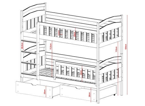 Diagram med mål for køjesengens højde, bredde og dybde
