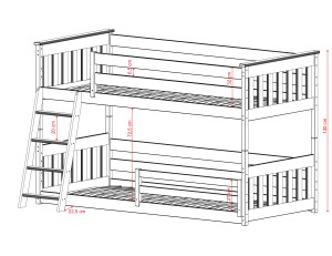 Diagram over højder og mål for en standard køjeseng.