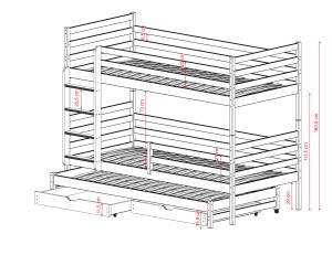 Teknisk tegning med mål på en mørkebrun køjeseng i træ.