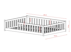 Måltegning af en 146x208 cm børneseng i træ med præcise dimensioner.