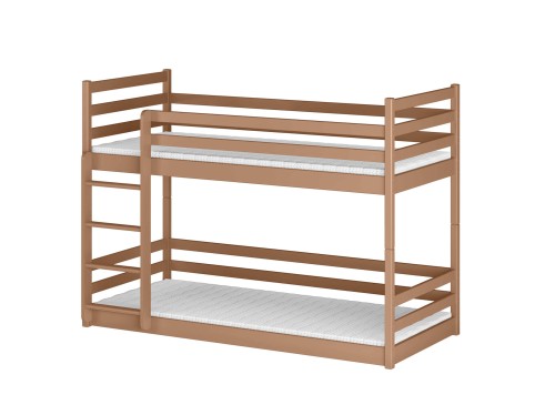 Moderne brun køjeseng i træ med stige og sengehest på hvid baggrund.