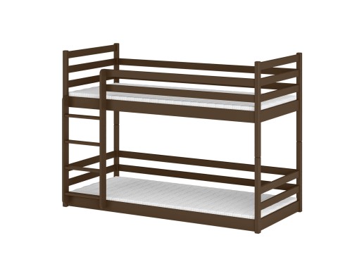 Brun etageseng i træ med stige og hvide madrasser.