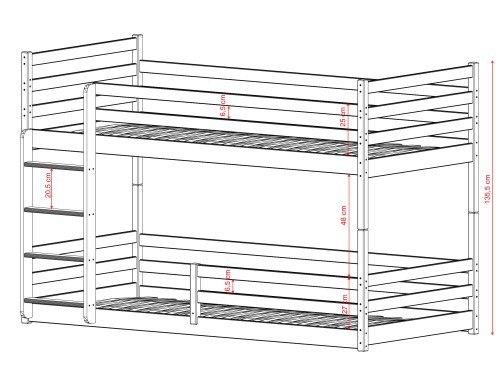 Detaljeret diagram over dimensioner for en etageseng i træ.