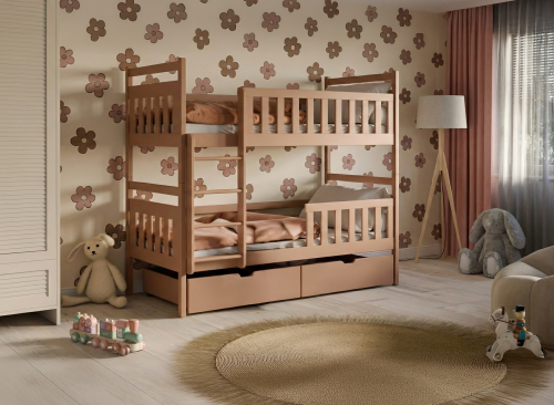 Målskitse af køjeseng der viser højde og sikkerhedsafstande.